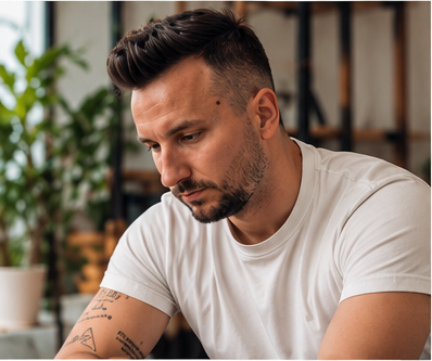 Aleksander Fogler w białej koszulce