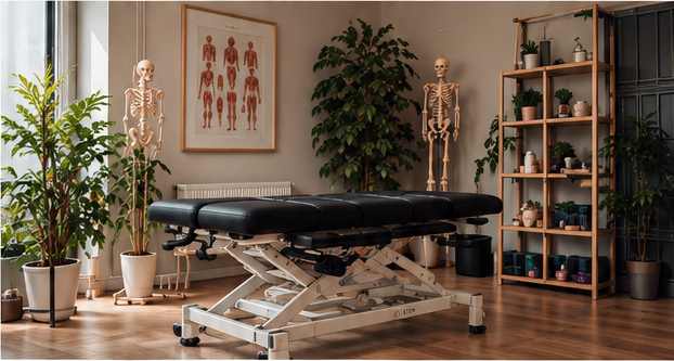 Gabinet fizjoterapii ze stołem do terapii, modelami anatomicznymi i roślinami